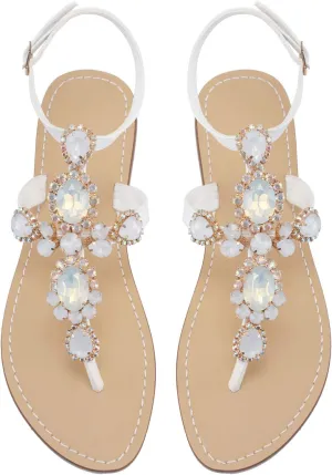 ZhuLinFeng Women'S Rhinestone Gladiator Sandals Flat Wedding Sandals Gem Pearl Sparkling Bridal Bridesmaid Sandals Blue Bohemian Sandals