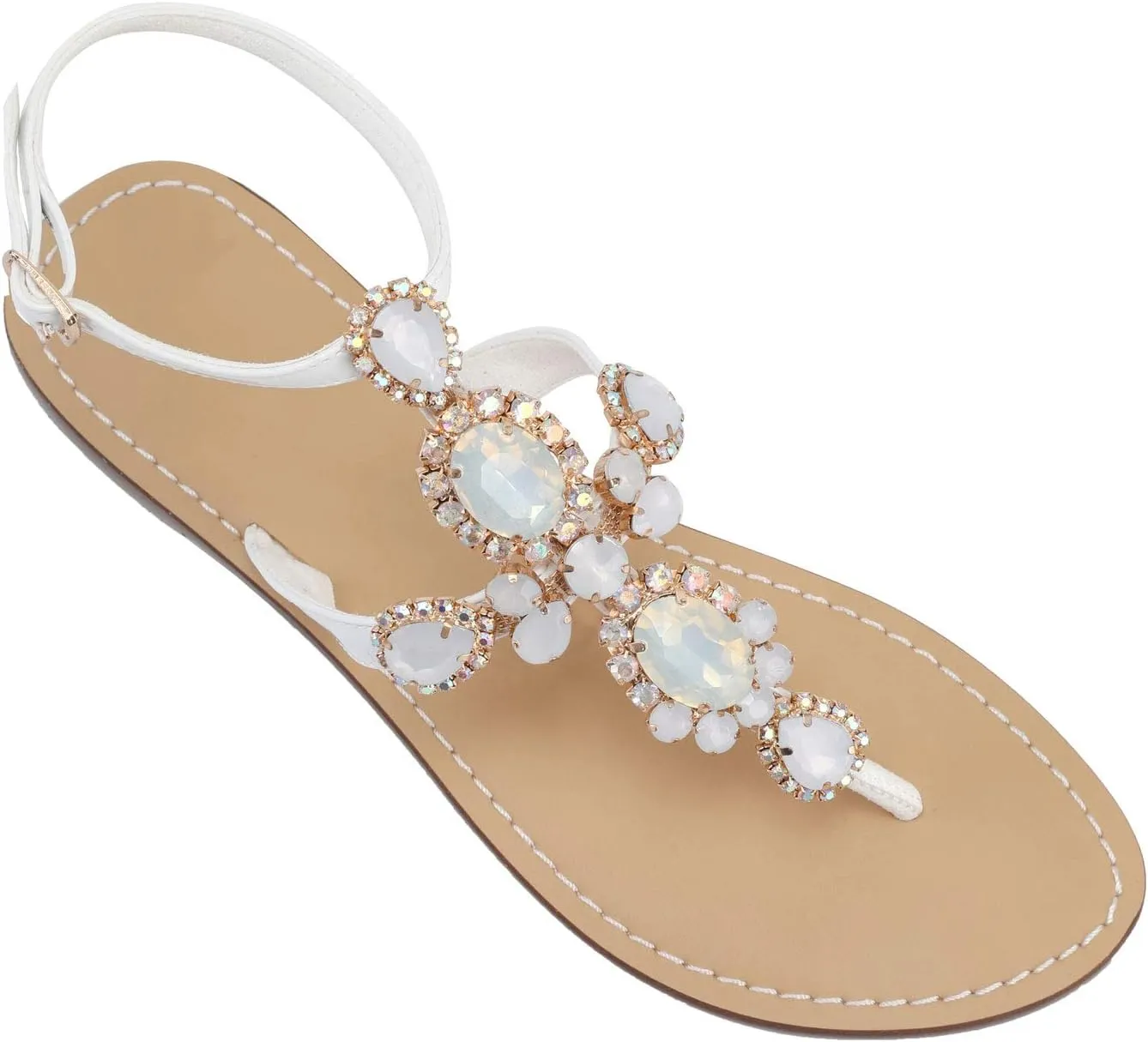 ZhuLinFeng Women'S Rhinestone Gladiator Sandals Flat Wedding Sandals Gem Pearl Sparkling Bridal Bridesmaid Sandals Blue Bohemian Sandals