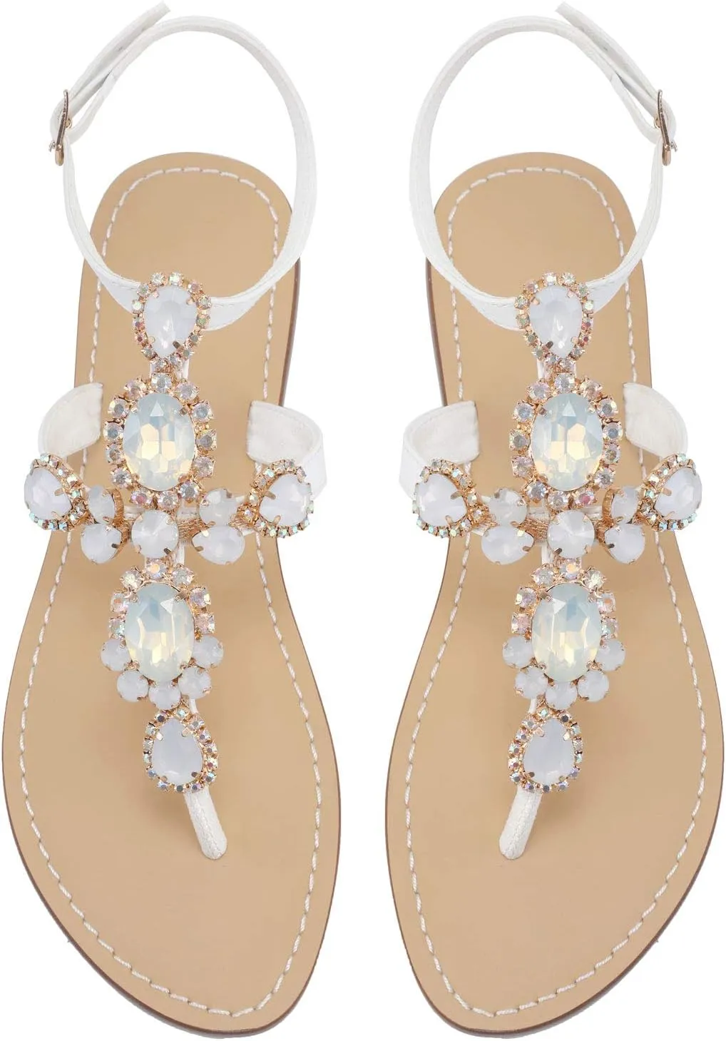 ZhuLinFeng Women'S Rhinestone Gladiator Sandals Flat Wedding Sandals Gem Pearl Sparkling Bridal Bridesmaid Sandals Blue Bohemian Sandals